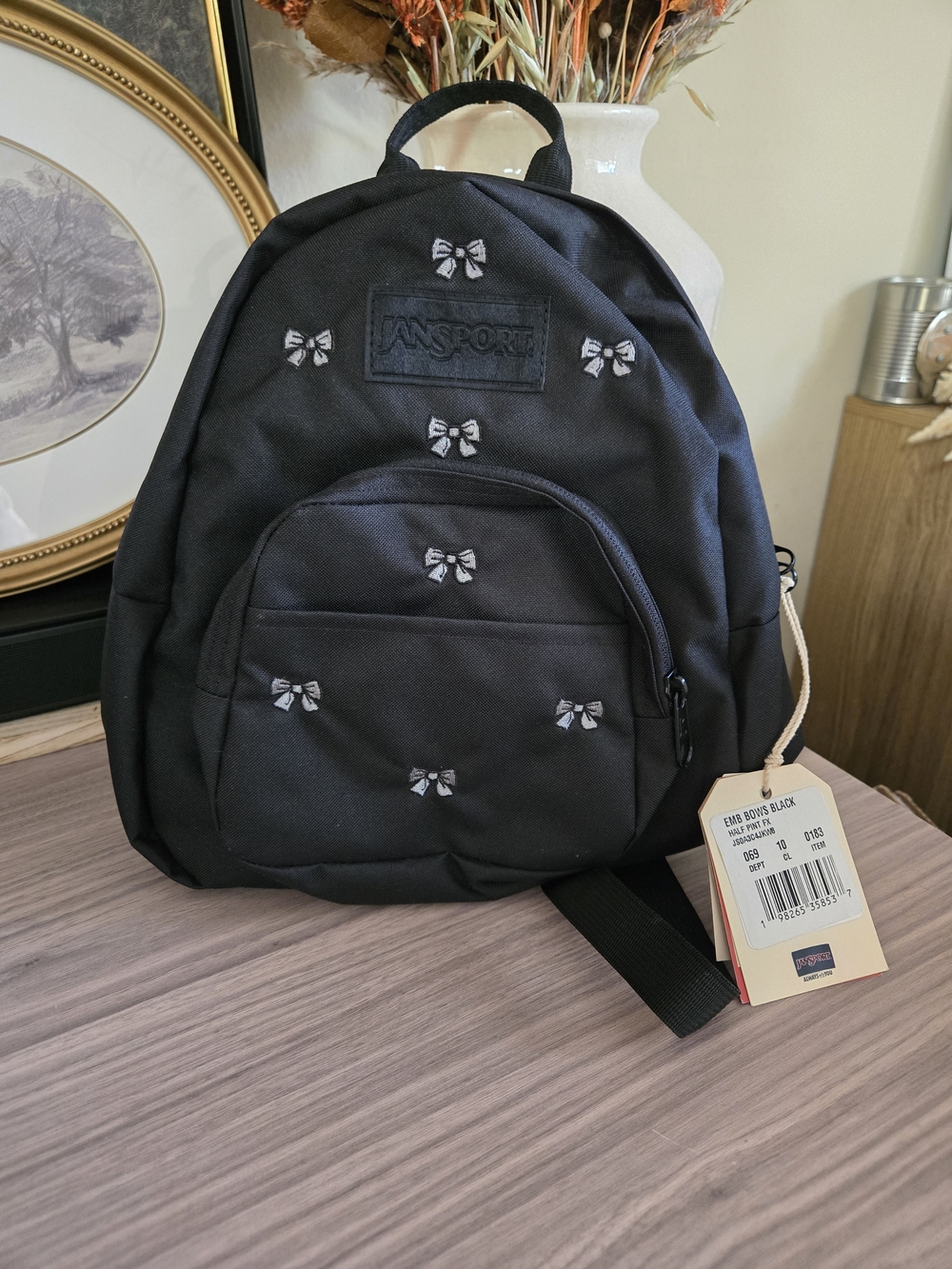 Jansport Black Mini Backpack with Bow Embroidery NEW Half Pint Backpack